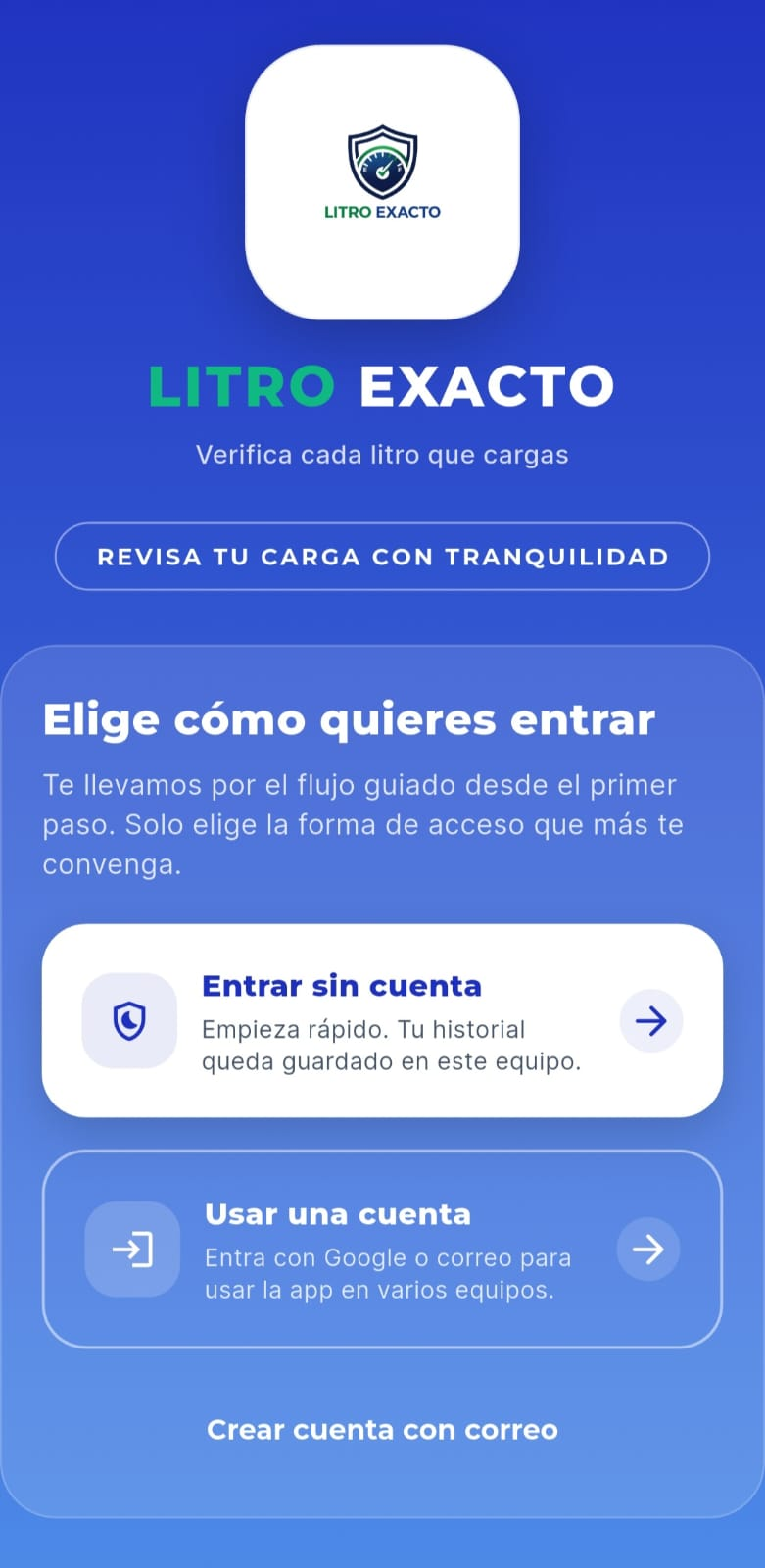 Pantalla beta de Litro Exacto: Deja listo tu vehículo una sola vez