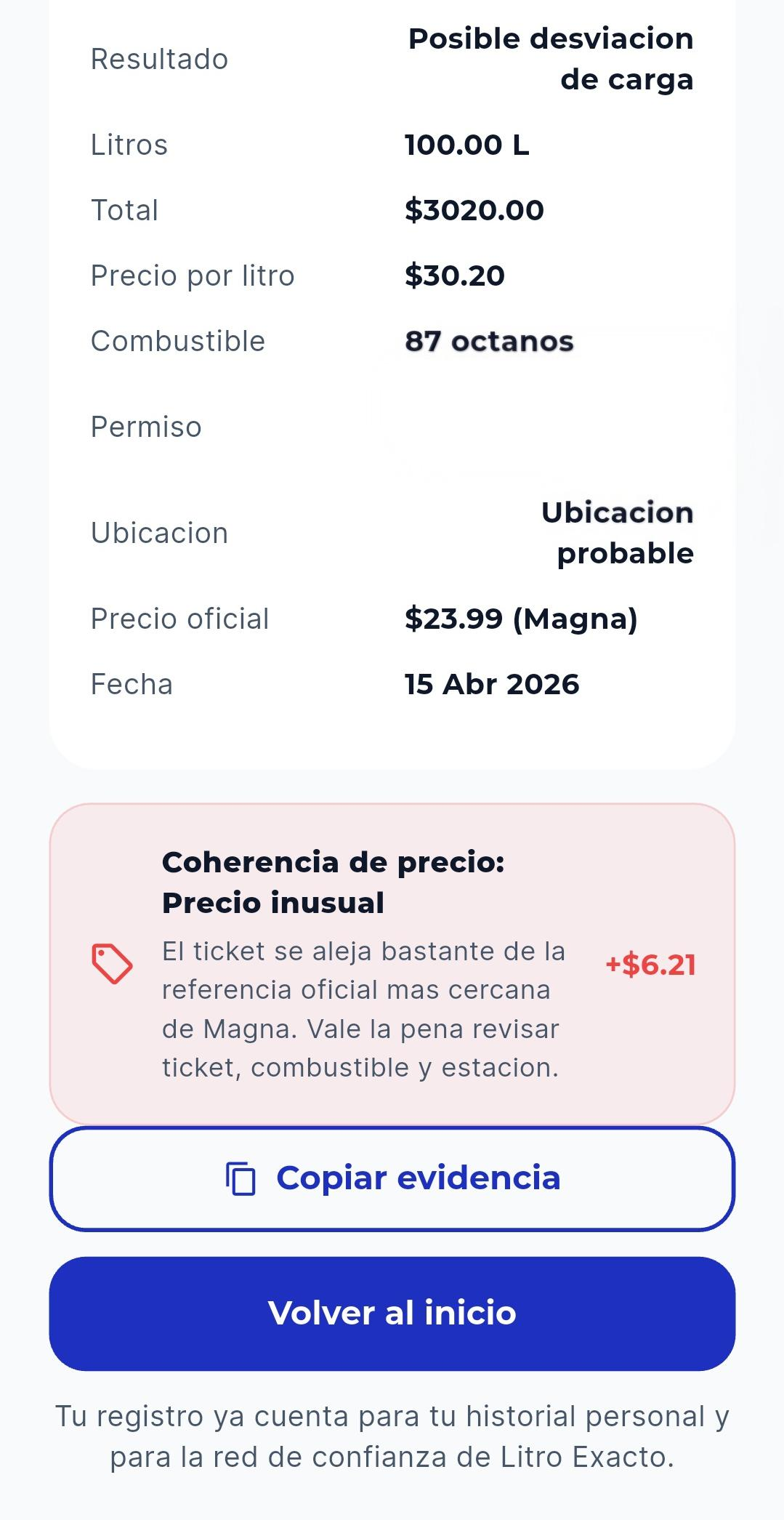 Captura de la app: Detección de datos
